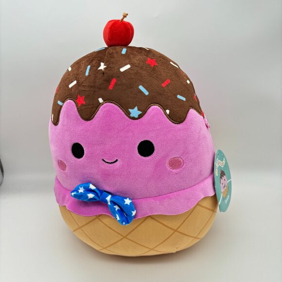 Squishmallows 11" Medium Pink Ice Cream Sundae Blue Star Bowtie Stuffed Plush - Picture 1 of 5